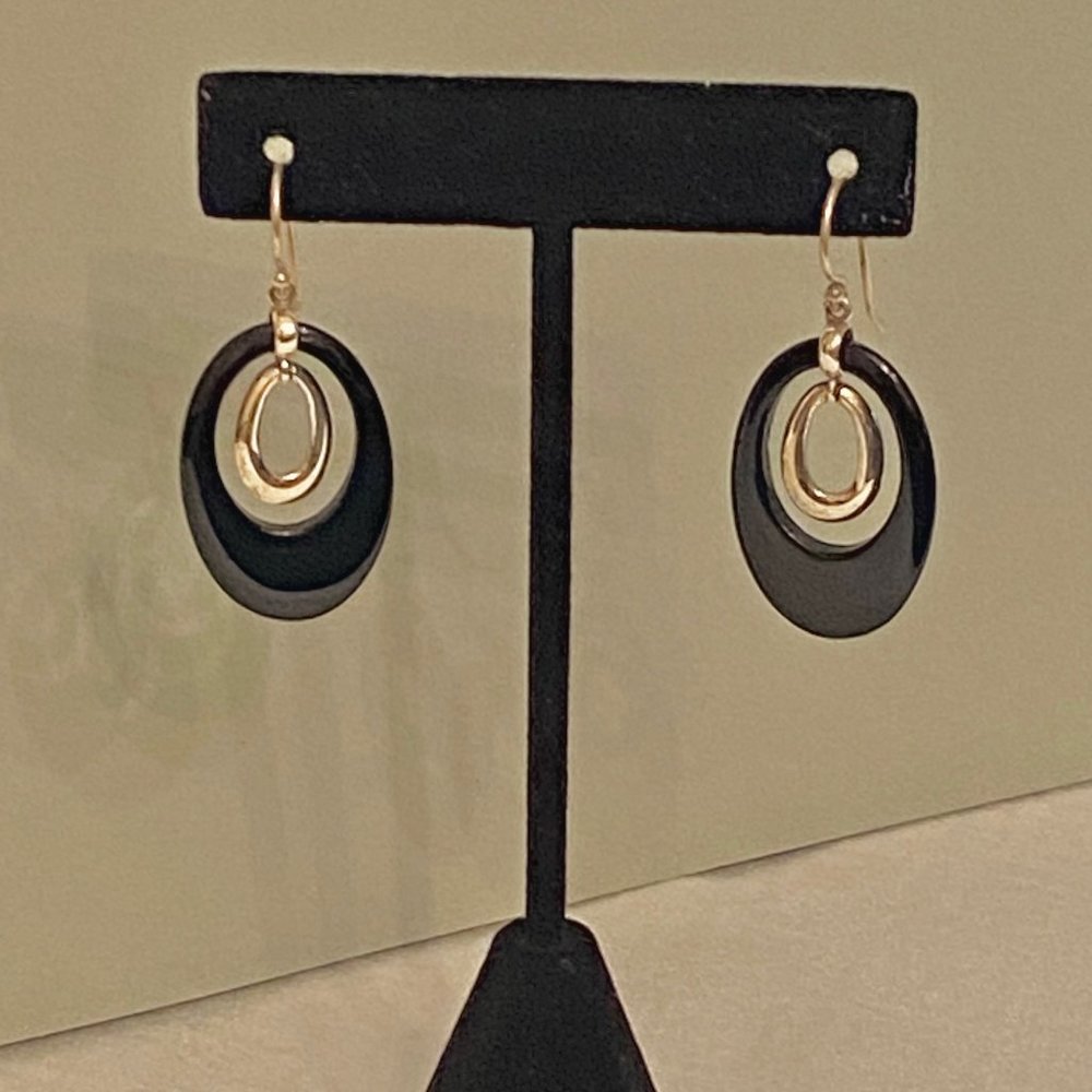 Black and Silver Open Oval Loop Dangle Earrings, 1"